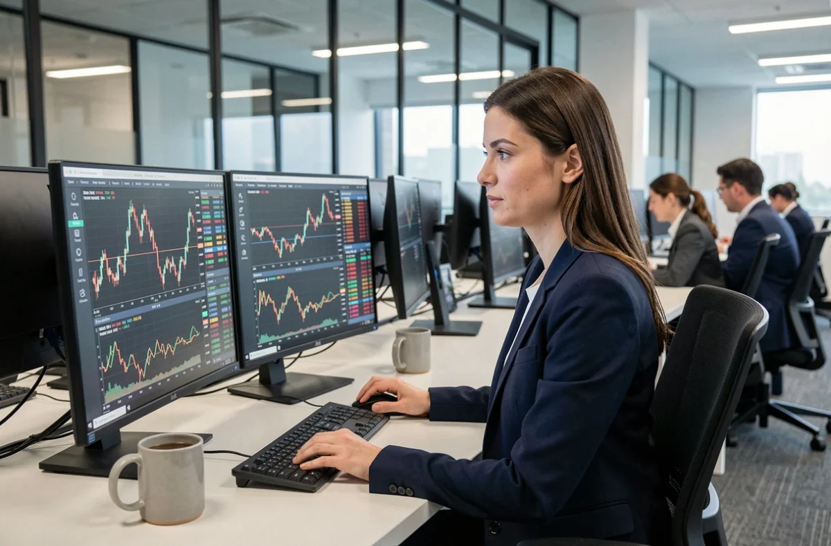 Analyste financière surveillant en temps réel les marchés boursiers sur plusieurs écrans dans un bureau moderne
