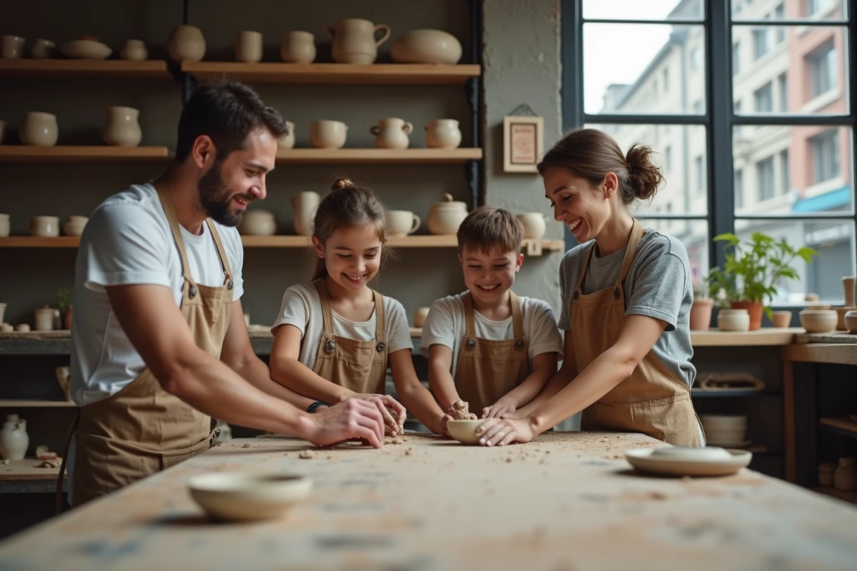 Famille participant à un atelier de poterie artisanale comme activité de loisirs créatifs en intérieur
