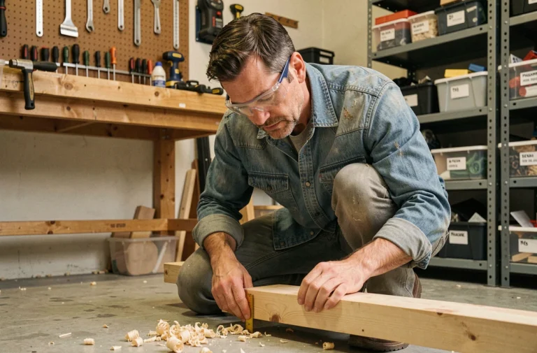 Homme mesurant une planche de bois dans un atelier de bricolage à domicile, avec des outils accrochés au mur