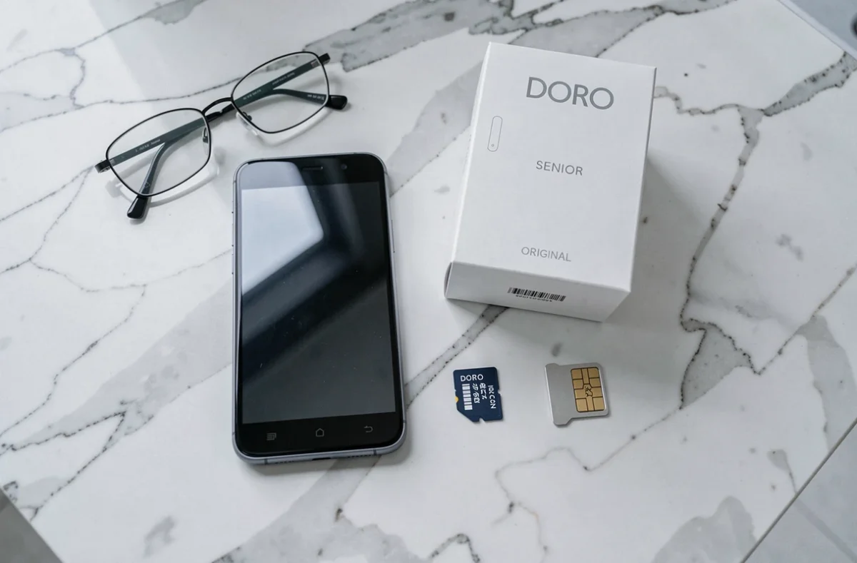 Carte SD, outil d'éjection et téléphone Doro posés sur un plan de travail en marbre