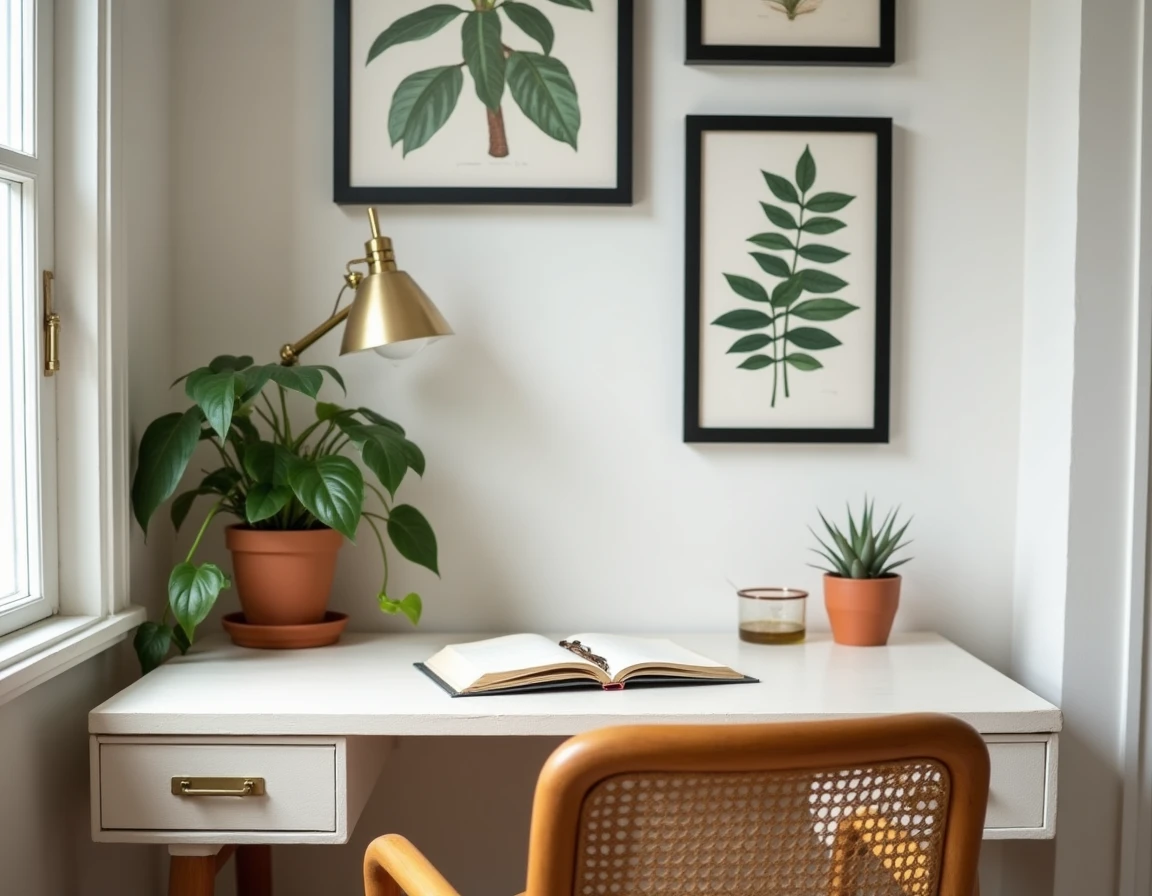 Coin bureau cosy à la maison avec chaise en rotin, plante pothos en pot en terre cuite, lampe en laiton et galerie de cadres botaniques — idées déco bureau tendance