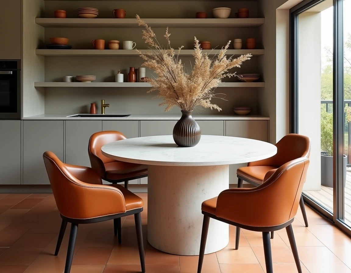 Coin repas cuisine tendance avec table en travertin, chaises en cuir cognac, vase en verre fumé et étagères en béton avec vaisselle artisanale — inspiration déco intérieure