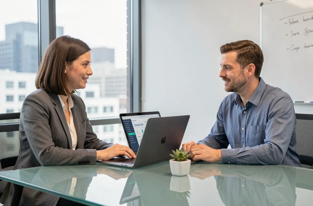 Deux professionnels collaborant sur une stratégie de business en ligne autour d'un ordinateur portable en salle de réunion
