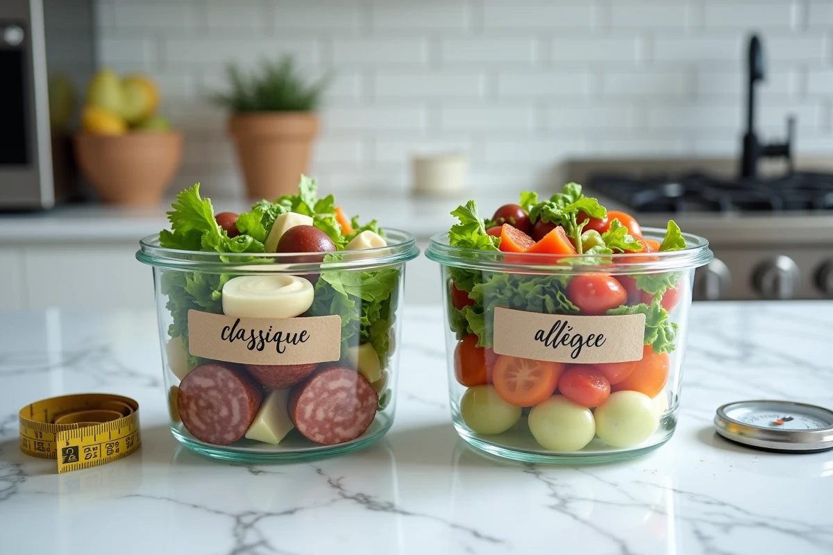 Comparaison côte à côte de deux versions de salade piémontaise, classique et allégée, dans des boîtes en verre sur un plan de travail en marbre