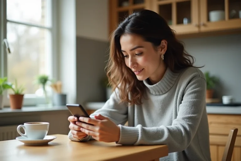 Femme consultant les conditions de paiement Airbnb sur son smartphone dans une cuisine moderne