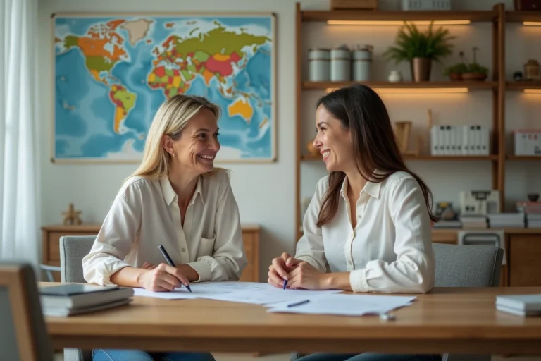 Femme discutant de voyage avec agent dans bureau lumineux