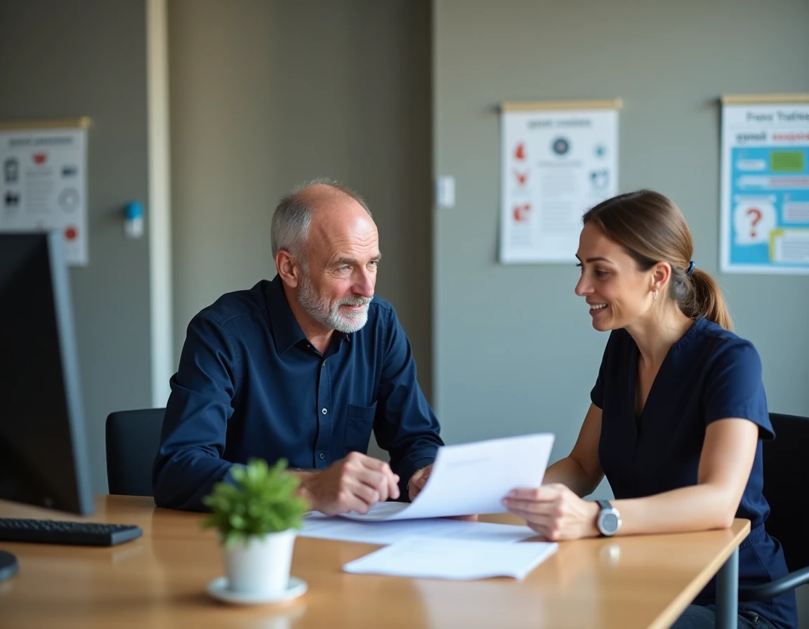Homme en consultation avec un conseiller France Travail dans une agence pour résoudre un retard d'allocation chômage