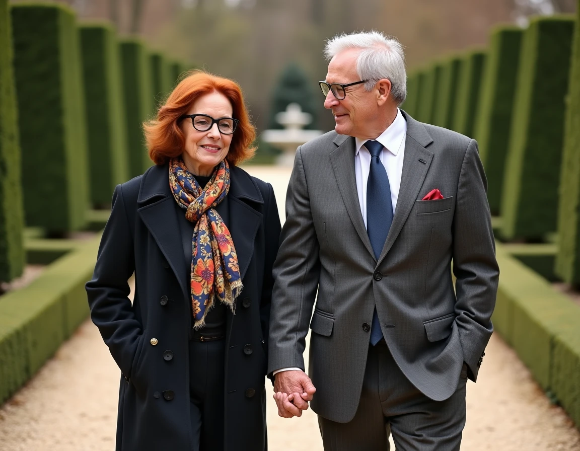 Couple de personnalités âgées se promenant main dans la main dans un jardin à la française