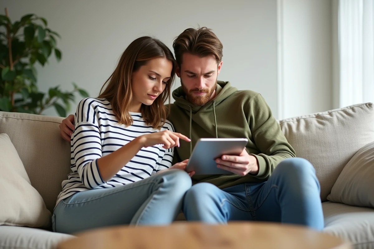 Couple consultant ensemble les conditions de paiement d'une réservation Airbnb sur une tablette dans un salon