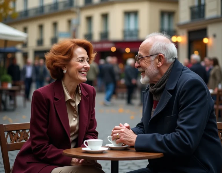 Couple élégant de seniors en conversation intime à une terrasse de café parisien en automne