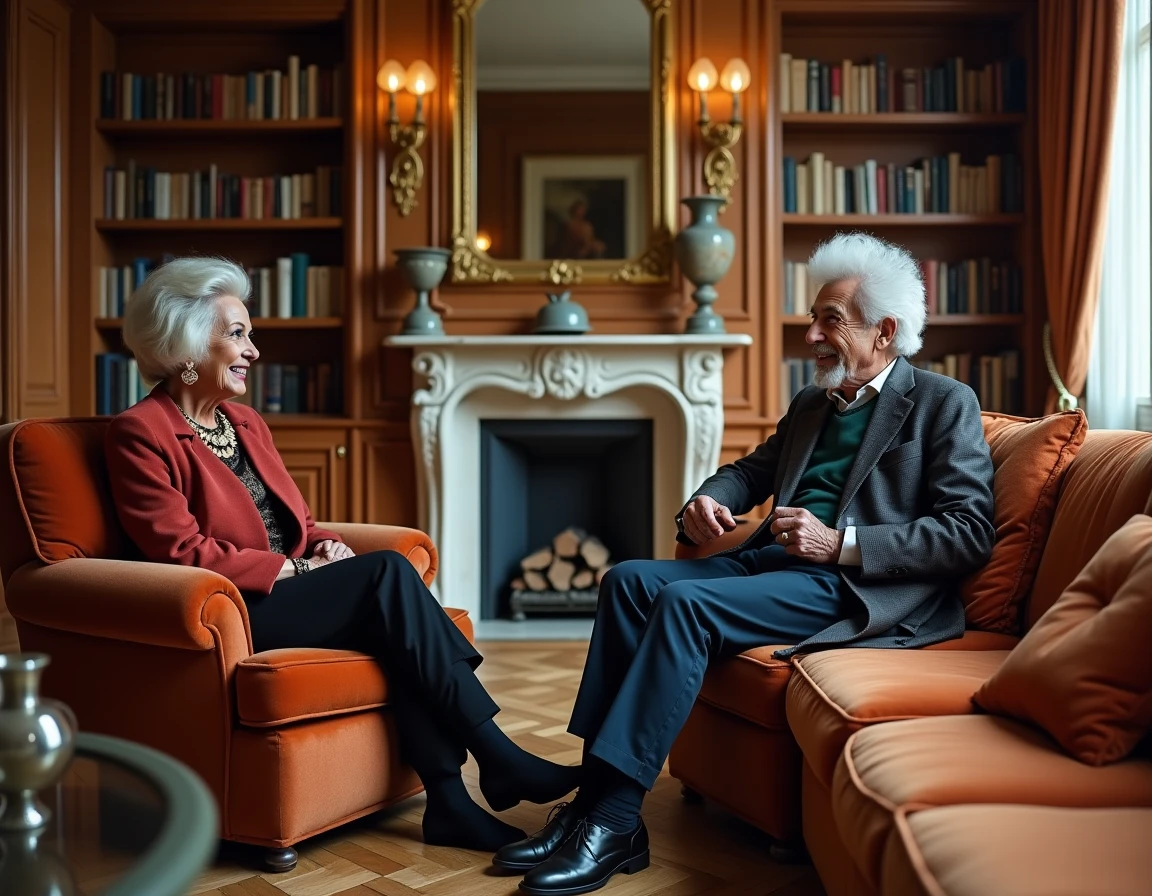 Couple senior dans un salon parisien élégant lors d'une conversation intime et complice