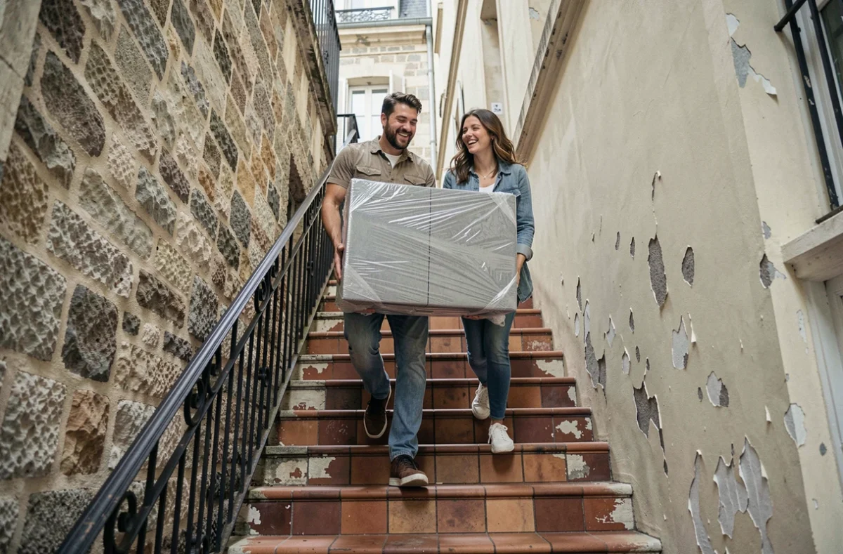 Couple transportant un meuble emballé dans l'escalier d'un immeuble ancien lors d'un déménagement