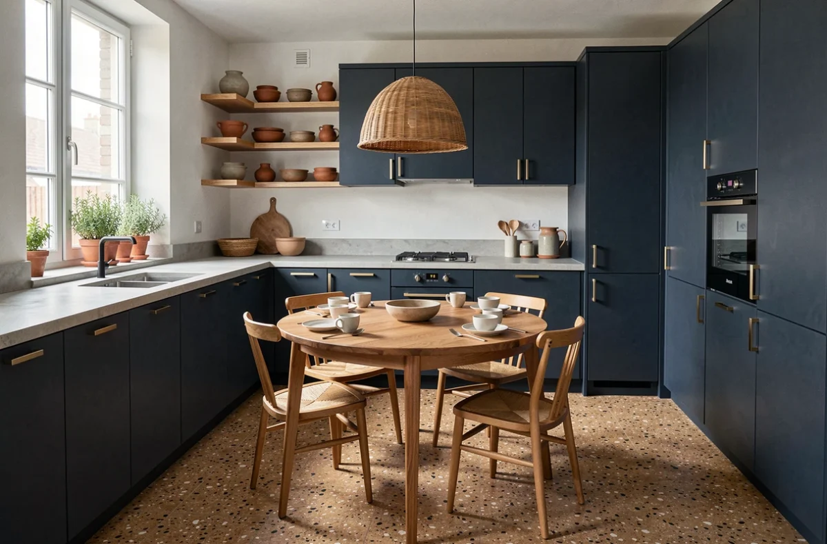 Cuisine ouverte rénovée avec des meubles bleu marine et un plan de travail en béton dans un intérieur contemporain repensé