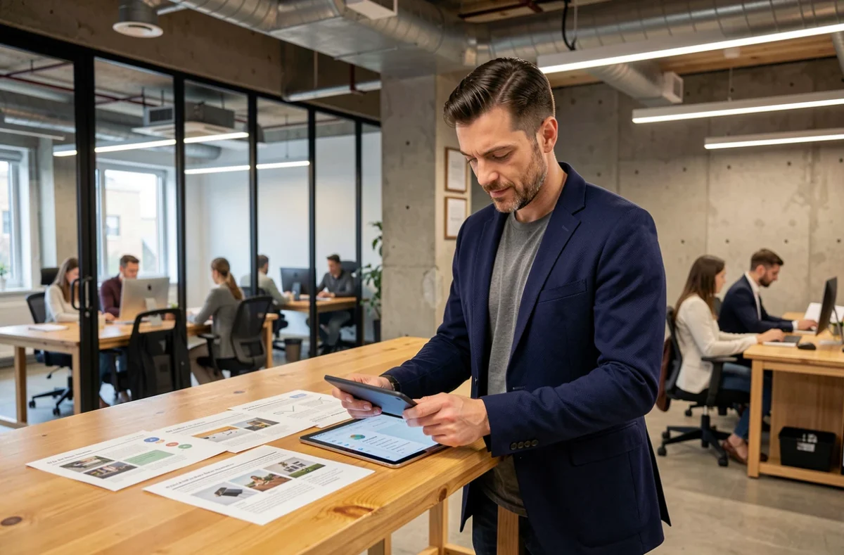 Entrepreneur masculin gérant une boutique en ligne sur tablette dans un espace de coworking moderne