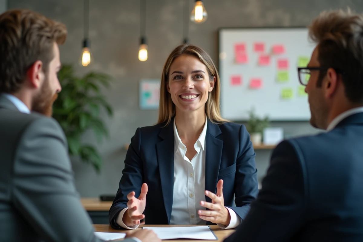 Femme en entretien d'embauche dans une startup moderne avec des intervieweurs, ambiance bureau open-space créatif