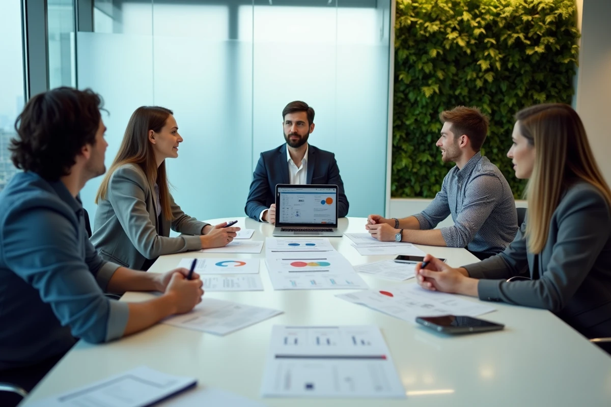 Équipe de professionnels en réunion autour d'une table de conférence analysant des rapports d'innovations et tendances business pour 2024