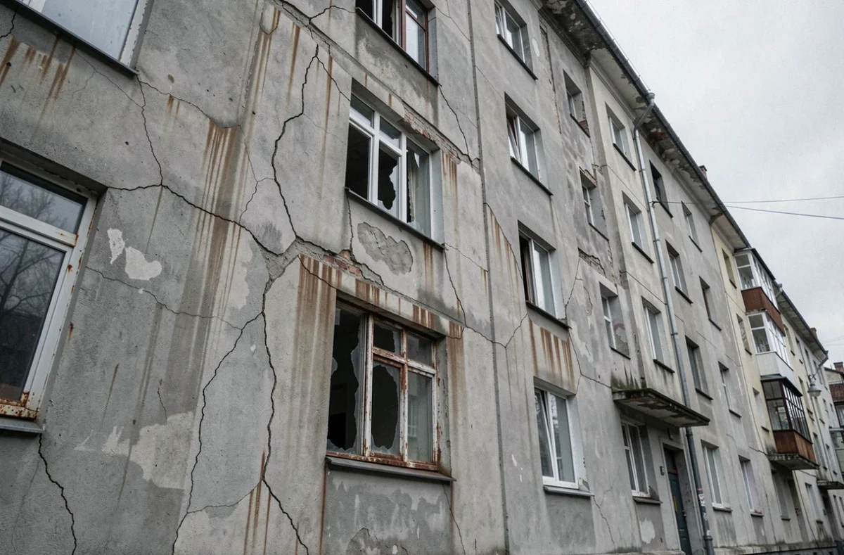 Façade d'immeuble dégradée avec fissures structurelles et infiltrations d'eau attestant de l'état d'inhabitabilité