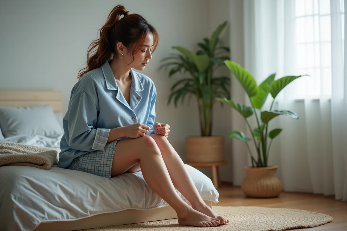 Femme assise sur le lit dans une chambre minimaliste