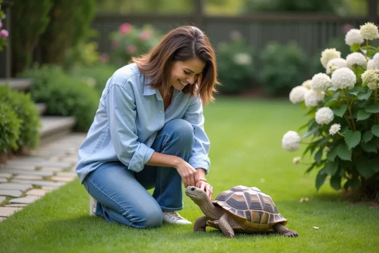 Femme en linen bleu avec tortue dans le jardin