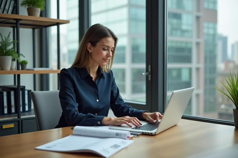 Femme d affaires convertissant heures en decimal dans un bureau moderne