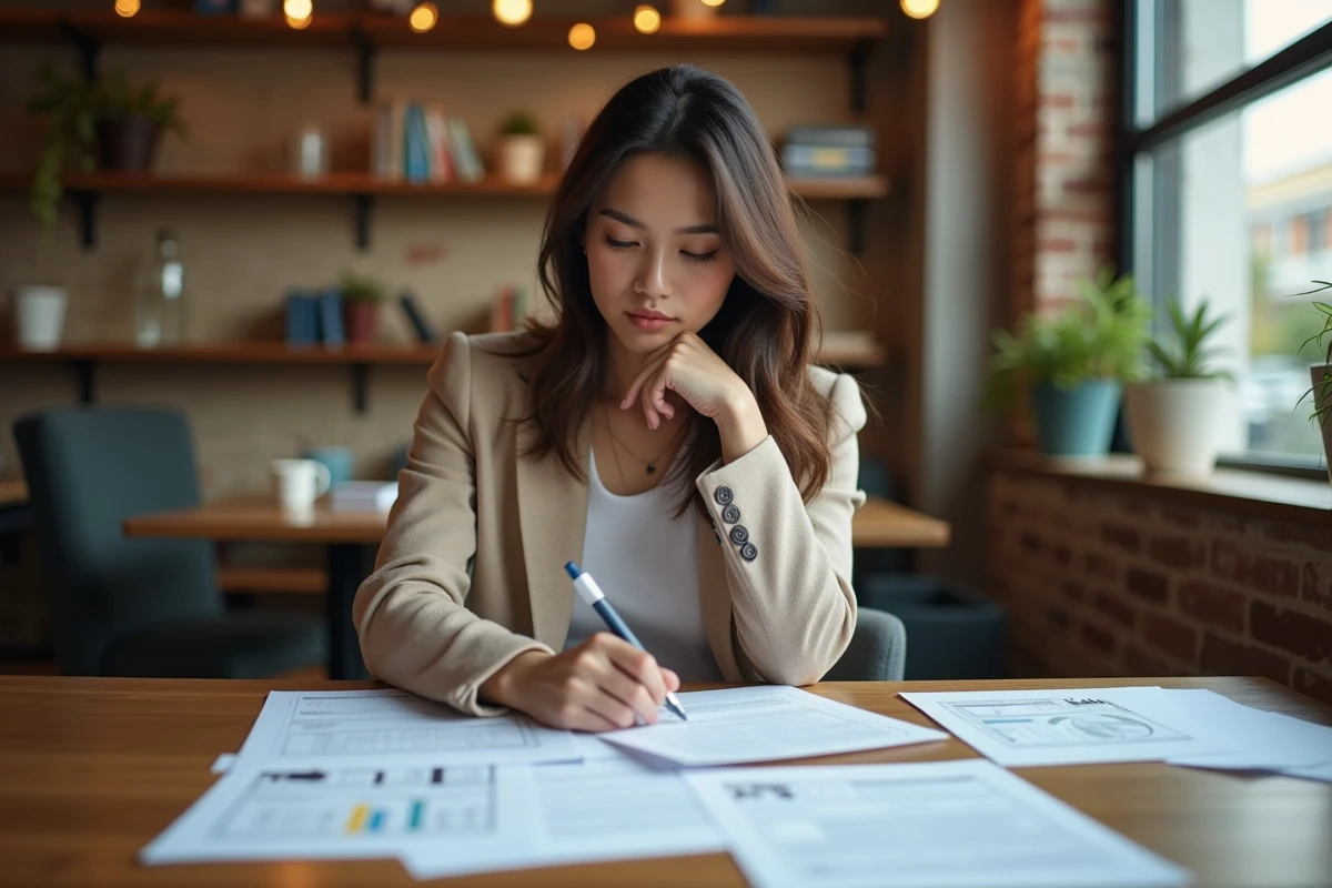 Femme en réunion dans un café urbain avec documents