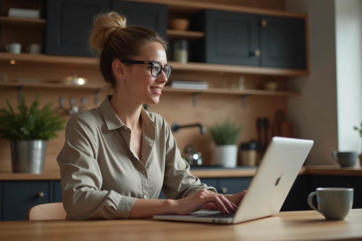 Femme regardant un concert en streaming sur son laptop dans la cuisine