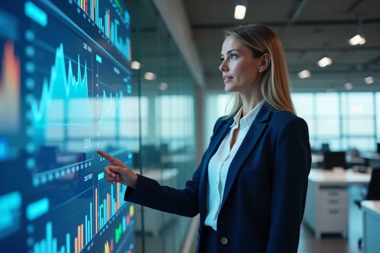 Femme dirigeante en blazer marine présentant des tableaux de bord de tendances business sur un écran interactif dans un bureau moderne en 2024
