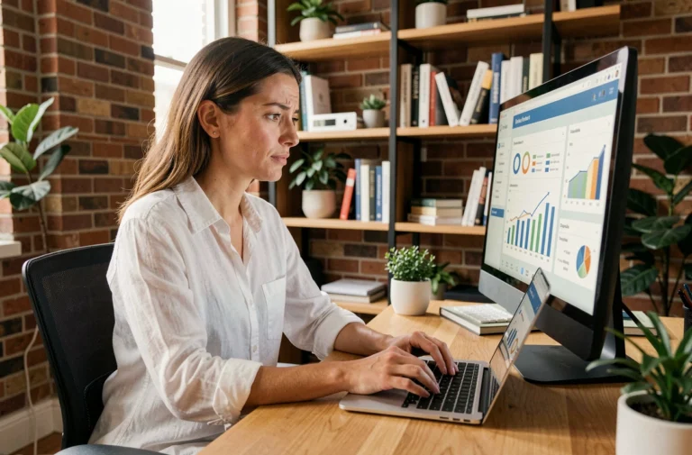 Femme entrepreneur travaillant sur une plateforme en ligne depuis son bureau à domicile, analysant des données business sur un écran