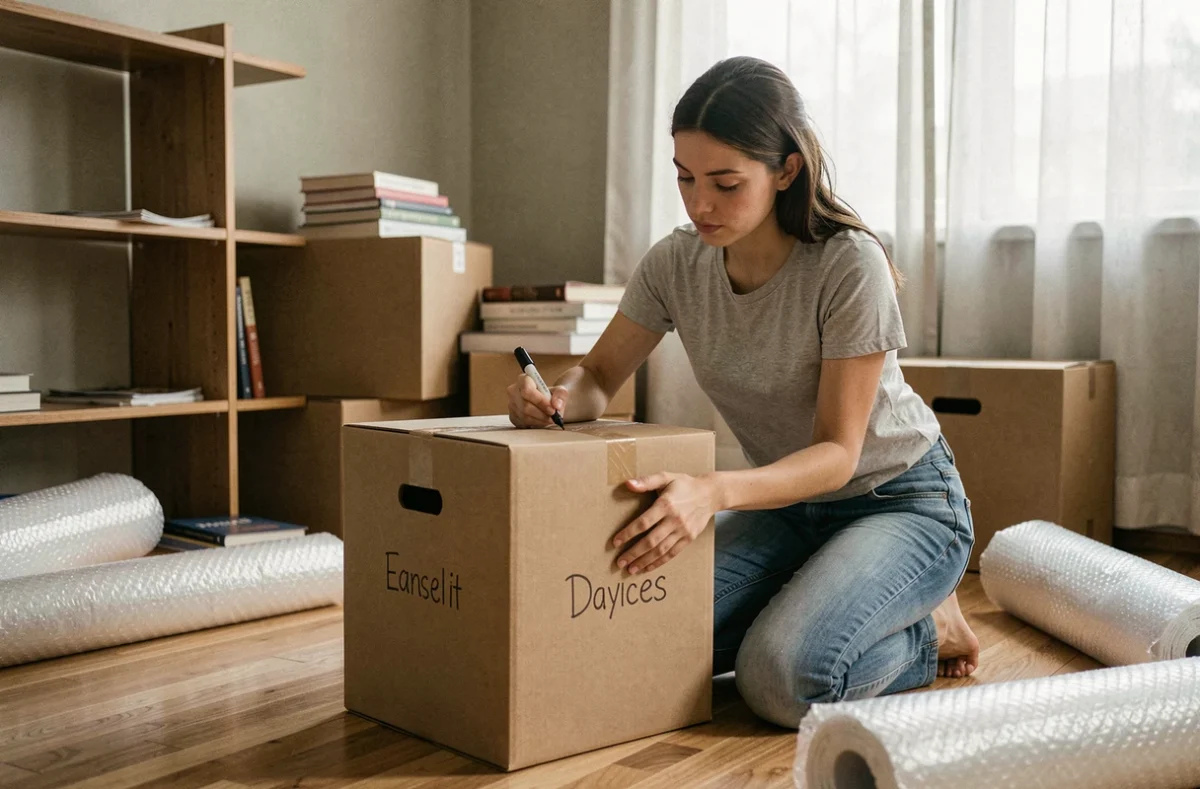 Femme organisant ses cartons de déménagement en écrivant des étiquettes dans un salon en cours de démontage