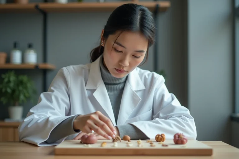Femme scientifique examinant des produits artisanaux non identifiés sur une table en bois dans un laboratoire moderne