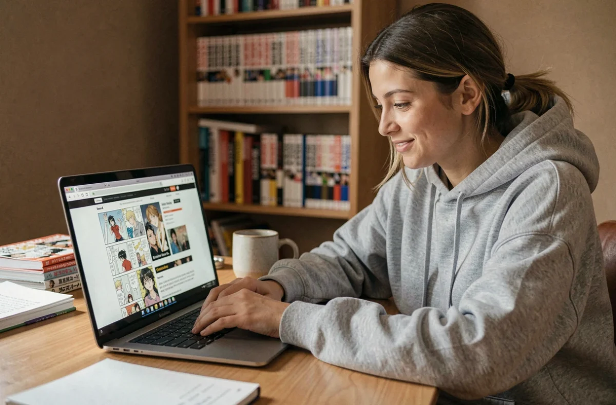Jeune femme lisant des scans manga sur un ordinateur portable dans un bureau cosy, illustrant l'utilisation d'un site de lecture de manga en ligne comme CrunchyScans