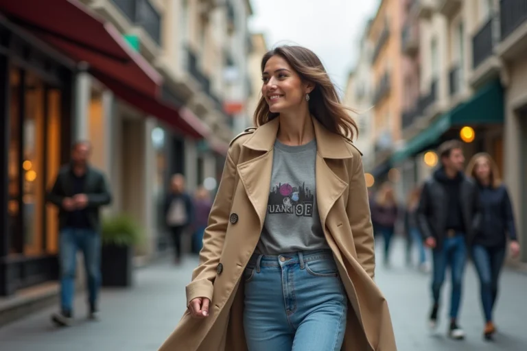 Femme élégante en trench beige dans une rue urbaine dynamique