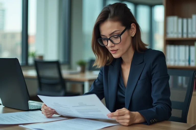 Femme professionnelle examinant un contrat d'assurance Previlion à son bureau