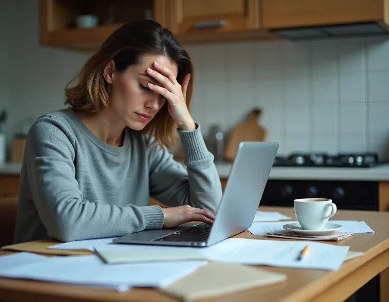 Femme stressée devant des documents administratifs et un ordinateur portable pour gérer un retard de paiement France Travail