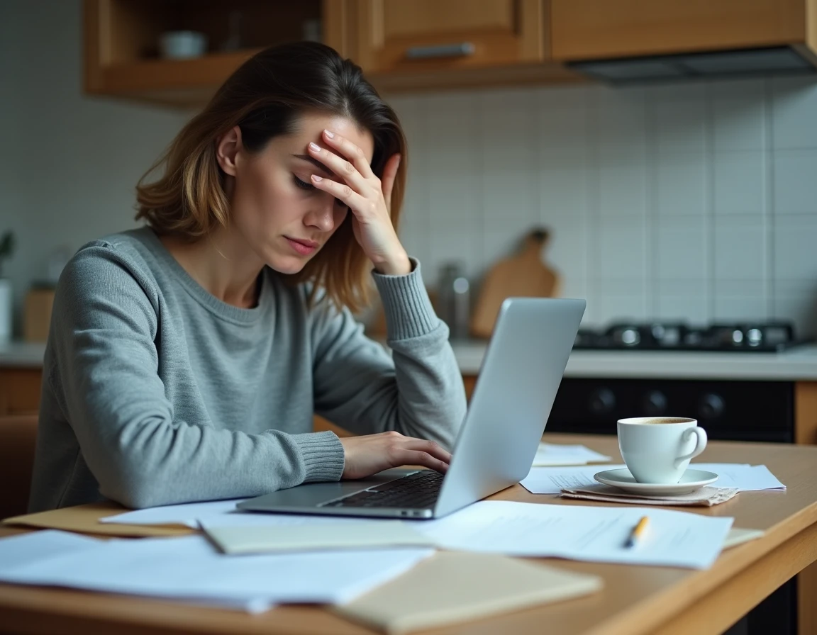 Femme stressée devant des documents administratifs et un ordinateur portable pour gérer un retard de paiement France Travail