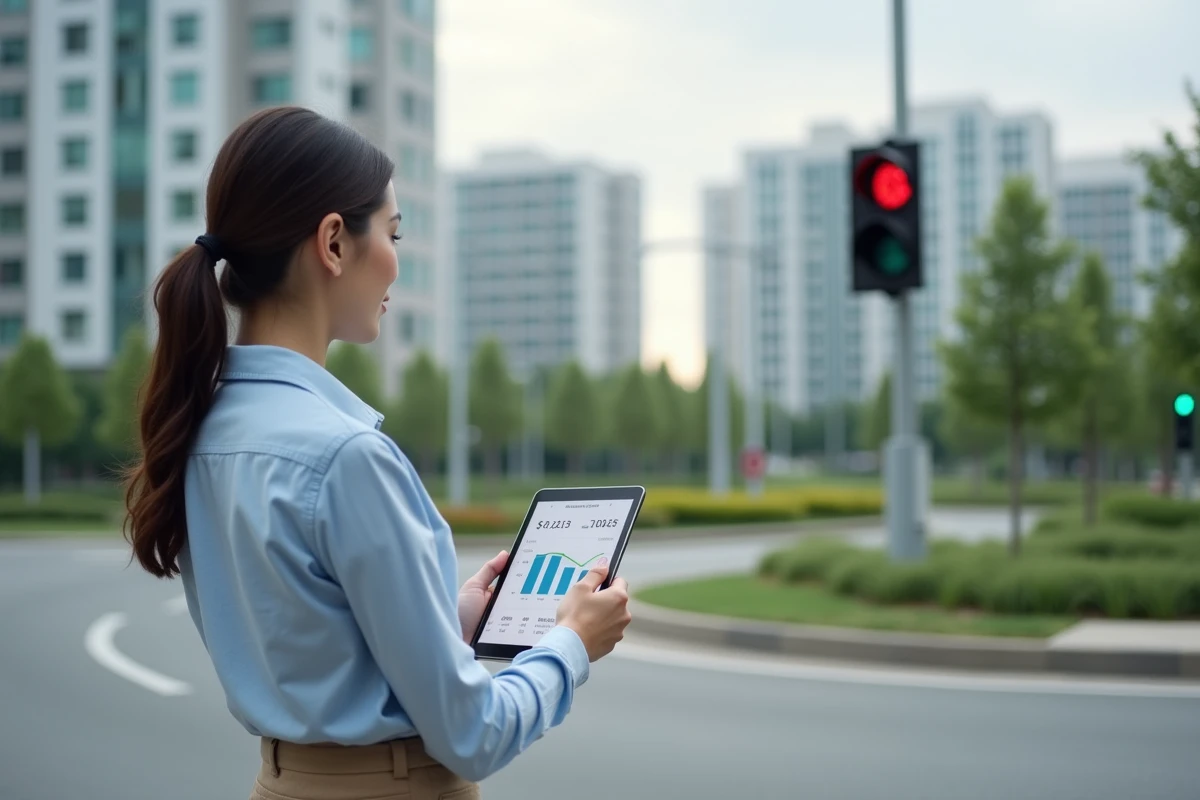 Jeune femme avec tablette près d’un feu intelligent en banlieue