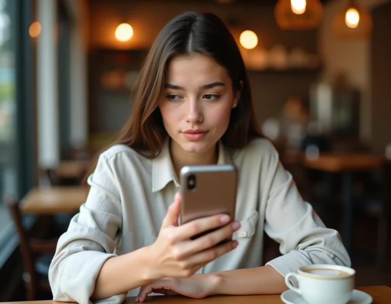 Jeune femme utilisant un traducteur audio sur smartphone dans un café
