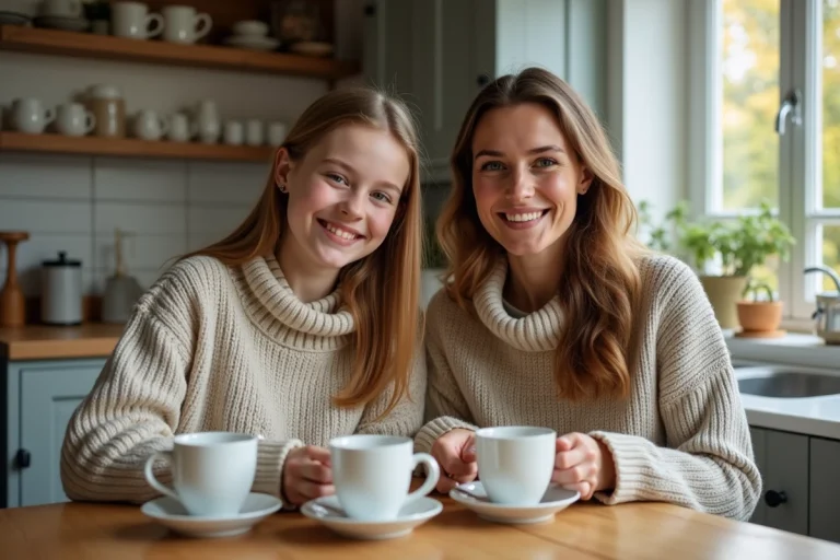 Fille adolescente et femme britannique partageant un thé dans la cuisine