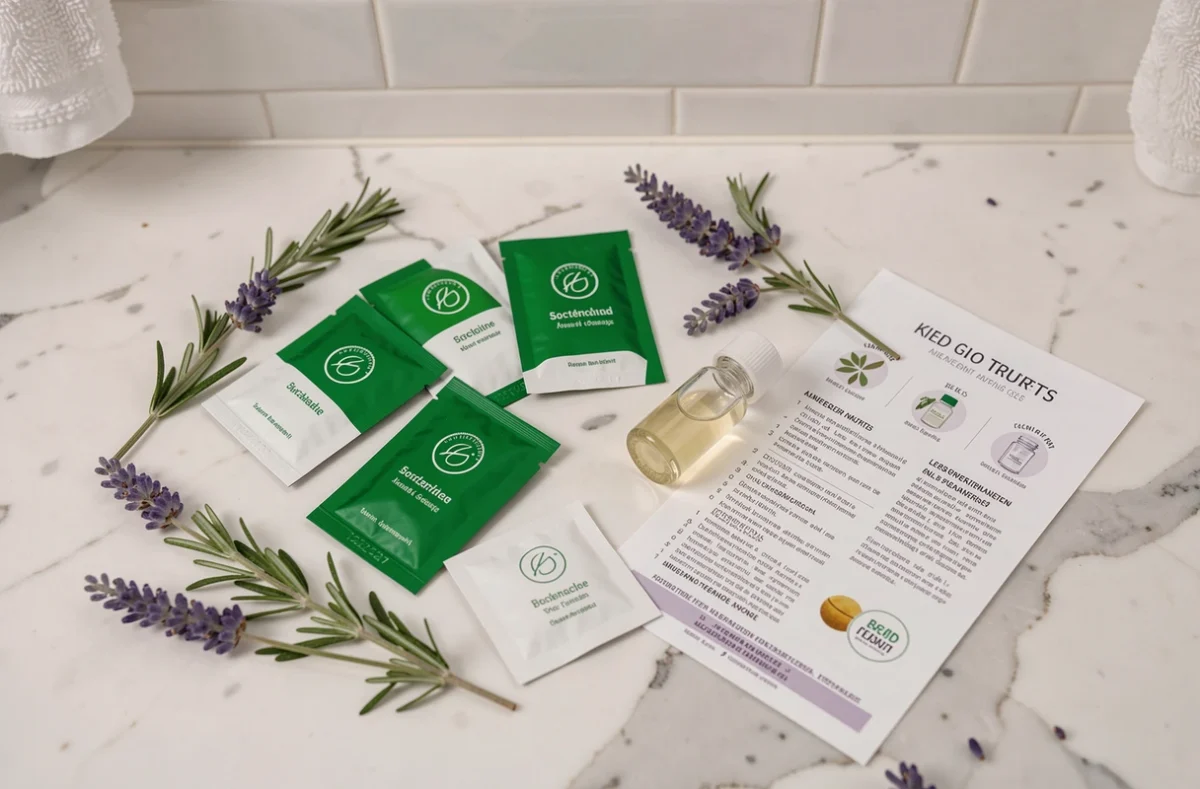 Flat lay d'échantillons gratuits Yves Rocher avec des plantes botaniques sur un comptoir en marbre blanc dans une salle de bain minimaliste