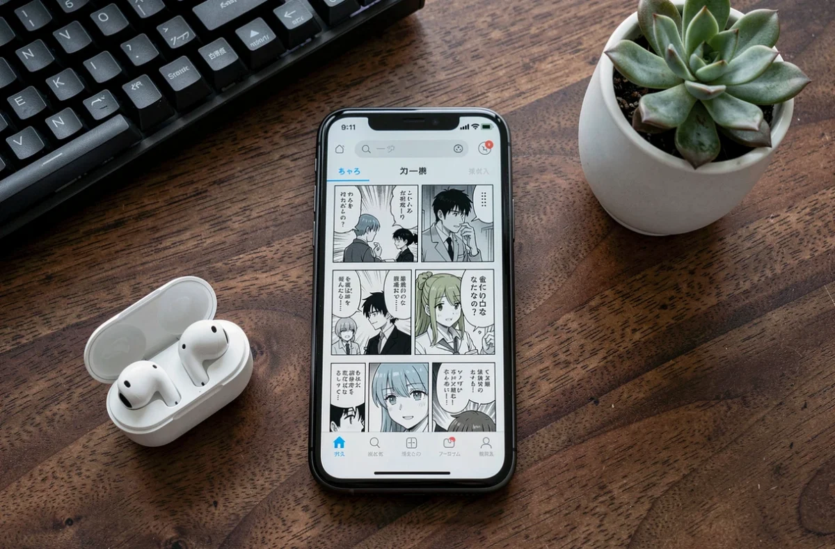 Flat-lay d'un smartphone affichant un lecteur de scans manga posé sur un bureau en bois avec des accessoires tech, évoquant la lecture numérique de manga en ligne