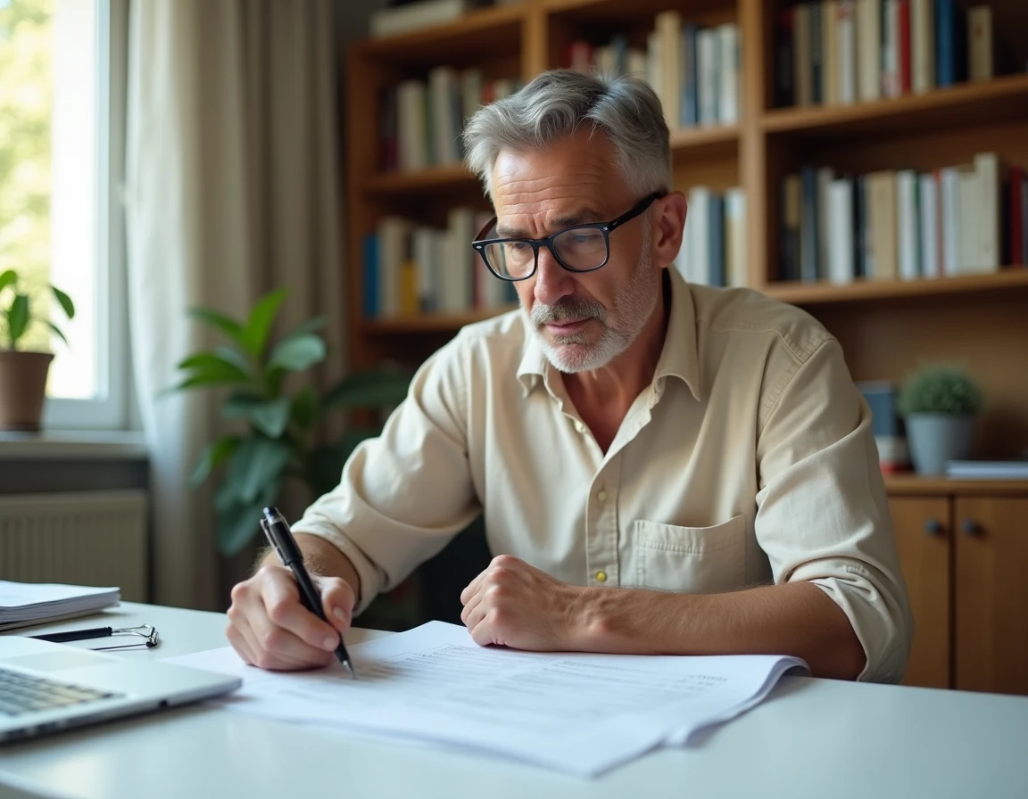 Homme remplissant un formulaire administratif France Travail à son bureau pour éviter un retard de paiement