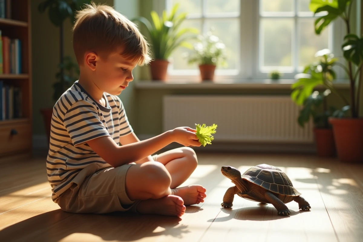 Jeune garçon avec tortue dans le salon ensoleille