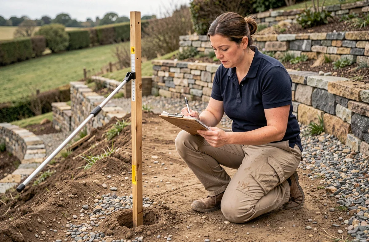 Géomètre mesurant la pente d'un terrain avec des piquets de nivellement pour préparer un terrassement