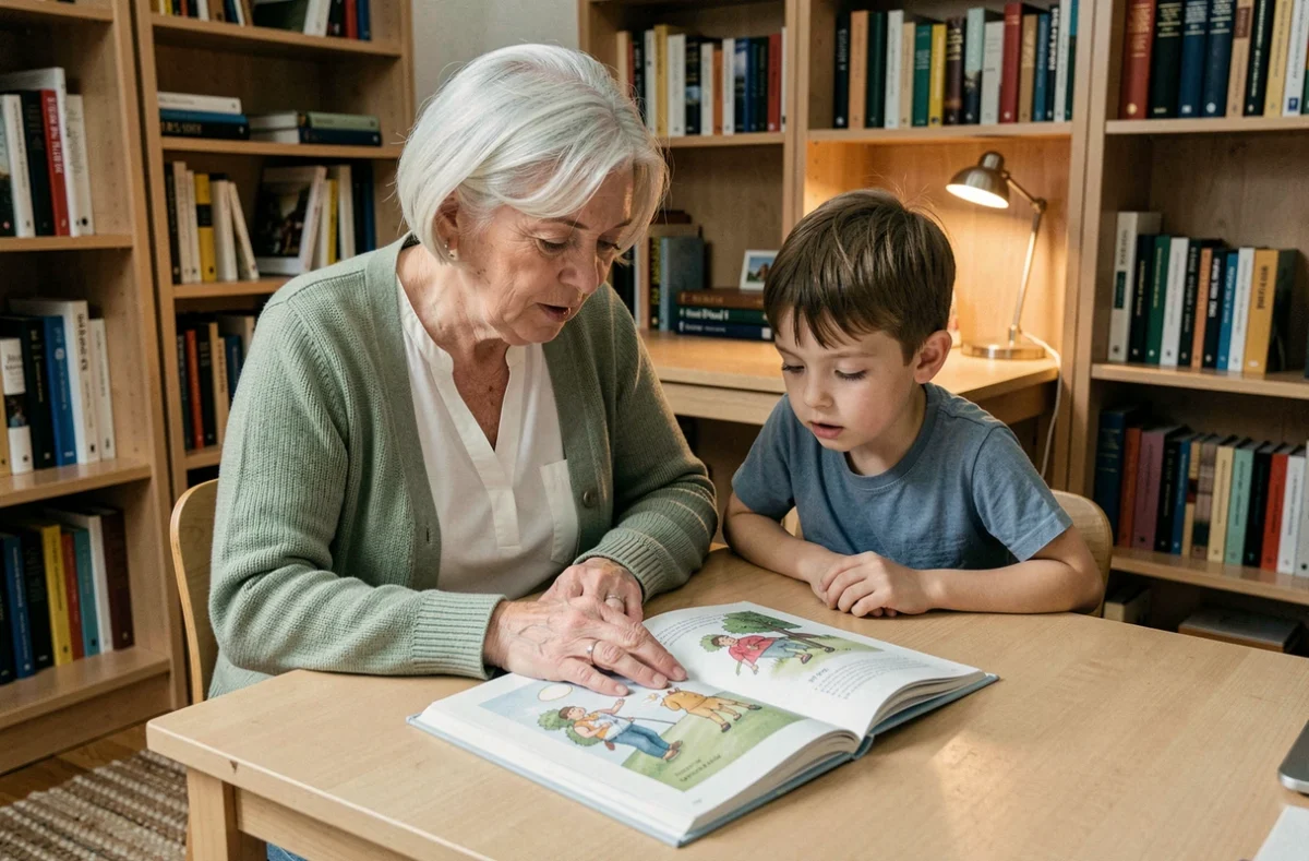 Grand-mère lisant un livre illustré avec son petit-fils dans un coin bibliothèque à la maison, soutenant le développement du langage