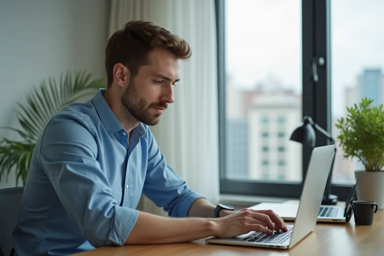 Homme concentré travaillant sur son laptop dans un appartement moderne