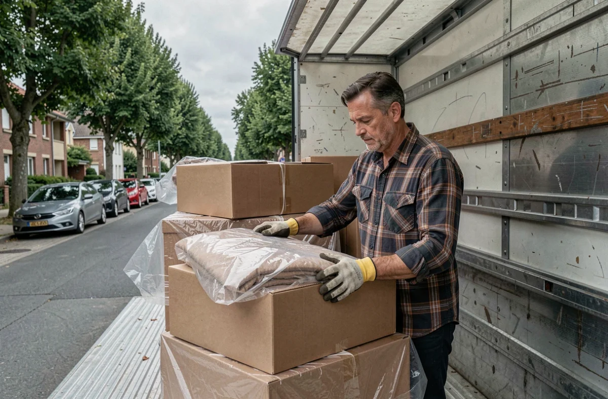 Homme organisant des cartons et meubles dans un camion de déménagement devant une maison de banlieue