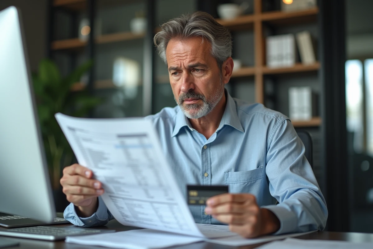 Homme vérifiant un relevé bancaire et une carte de paiement