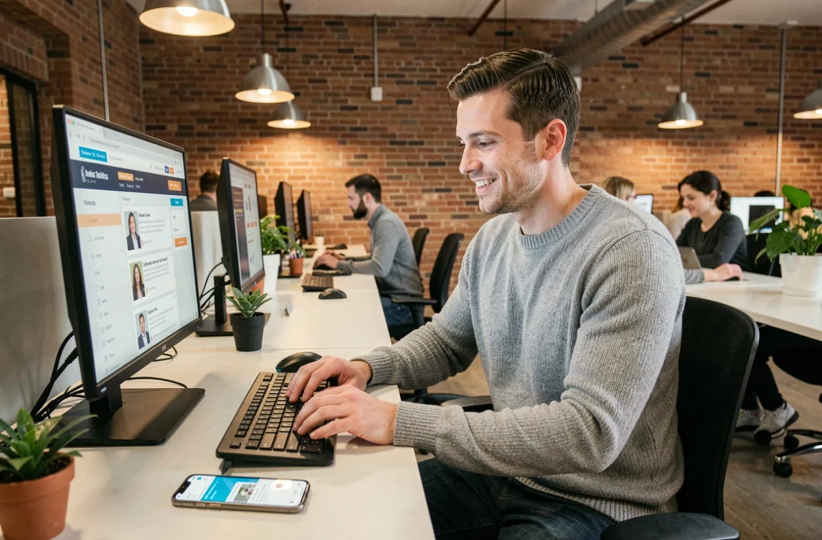 Jeune homme utilisant les ressources en ligne pour trouver un emploi dans un espace de coworking moderne