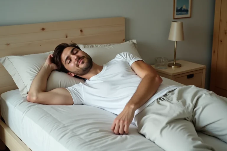 Homme se réveillant dans un lit confortable et cosy