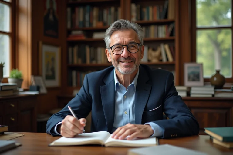 Homme d'âge moyen dans un bureau studieux avec livres
